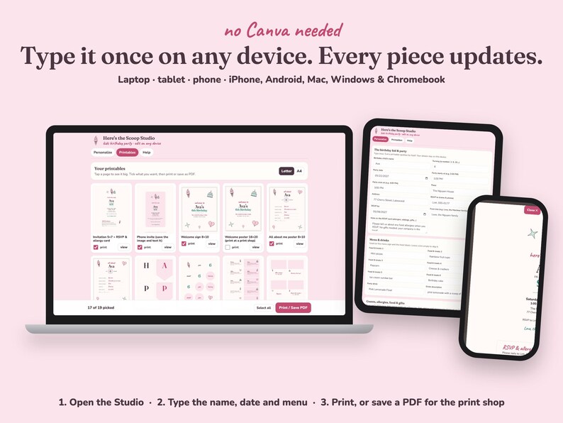 Editing the Heres The Scoop kids birthday party printables on a laptop, tablet or phone