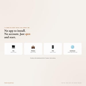 May include: A webpage design with text stating "No app to install. No account. Just open and start." Icons for Mac, Windows, iPad, and any browser are displayed. The text "Works on every device you already own" is also present.