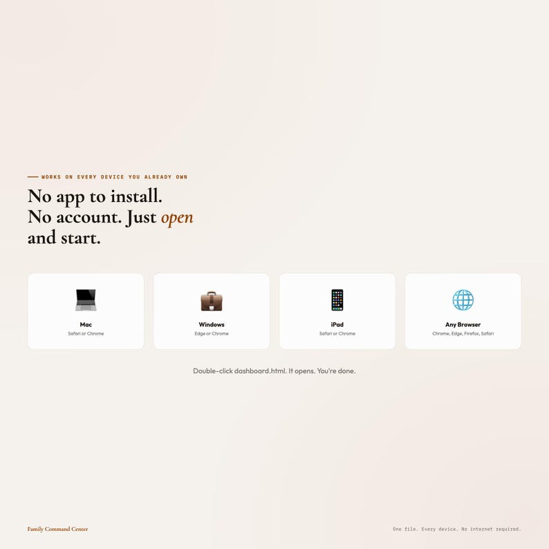 May include: A webpage design with text stating "No app to install. No account. Just open and start." Icons for Mac, Windows, iPad, and any browser are displayed. The text "Works on every device you already own" is also present.