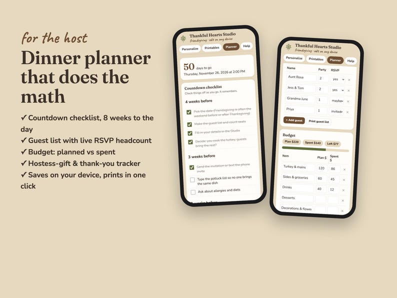 Thankful Hearts friendsgiving planner with checklist, RSVPs, budget and gift log