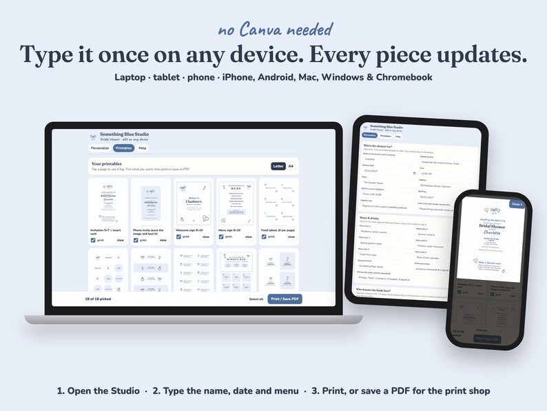 Editing the Something Blue bridal shower printables on a laptop, tablet or phone