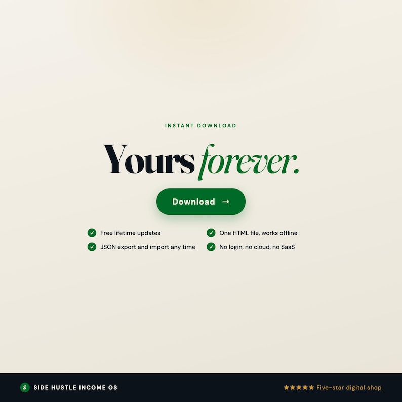 May include: A digital product advertisement with the text "Yours forever." in a stylish font. A green button reads "Download" with a right arrow. Additional text highlights features like free lifetime updates and offline functionality.