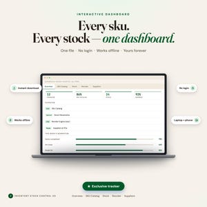 Interactive inventory tracker dashboard on laptop and tablet showing reorder points and dead stock