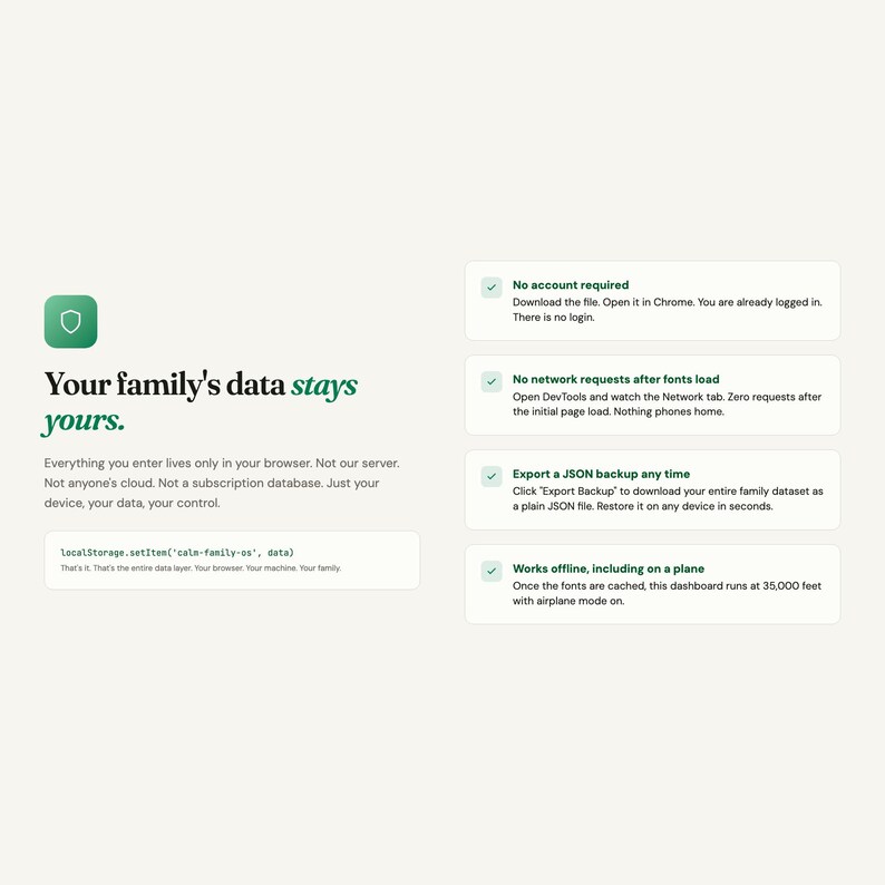 Op de afbeelding: Een webpagina met een groen en wit kleurenschema. De tekst luidt "De gegevens van uw gezin blijven van u." Het toont functies zoals geen account vereist, offline functionaliteit en JSON-back-up. Een groen schildpictogram is aanwezig.