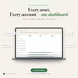 Estate Executor OS, Interactive Probate Dashboard, Asset Inventory, Account Closure Tracker, Probate Deadline Auto-Calculator, Estate Admin