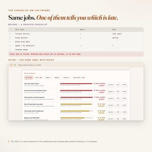 Printed checklist beside the home maintenance tracker, the same jobs with real next-due dates