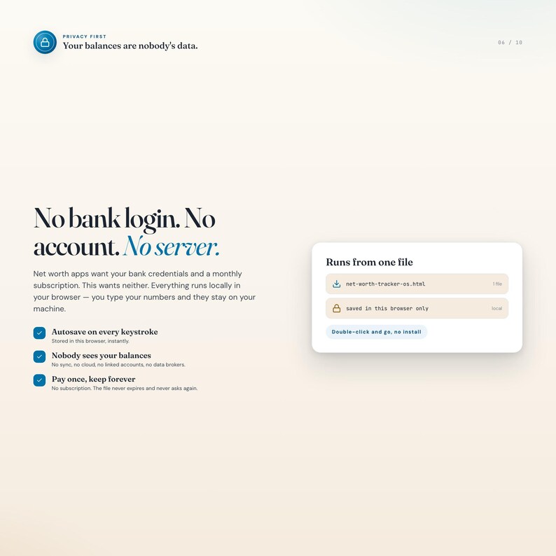 Peut inclure: Une interface num&eacute;rique pour une application de suivi de patrimoine net. Le texte indique : Privacy First, Your balances are nobody's data, No bank login. No account. No server. Il met en avant des fonctions d'autosave et de stockage local.