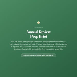 May include: A dark green digital interface graphic featuring a gold star icon above the text Exclusive Zone, Annual Review Prep Brief, and a descriptive paragraph about a 2-page parent summary export tool, ending with a button labeled One click. Complete packet. Walk in prepared.