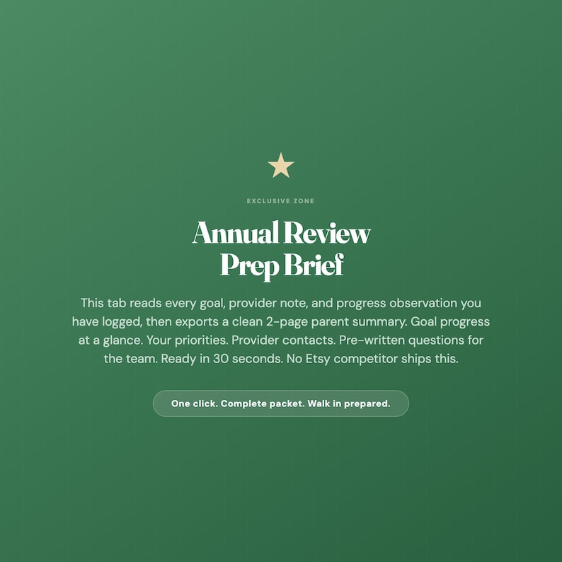 May include: A dark green digital interface graphic featuring a gold star icon above the text Exclusive Zone, Annual Review Prep Brief, and a descriptive paragraph about a 2-page parent summary export tool, ending with a button labeled One click. Complete packet. Walk in prepared.