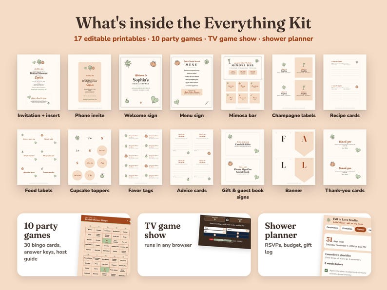 Everything included in the Fall In Love bridal shower Everything Kit