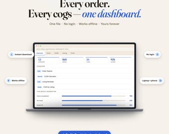 Etsy Shop Operations Dashboard | Interactive Seller Tracker, COGS Calculator, Order Pipeline and Profit Analytics