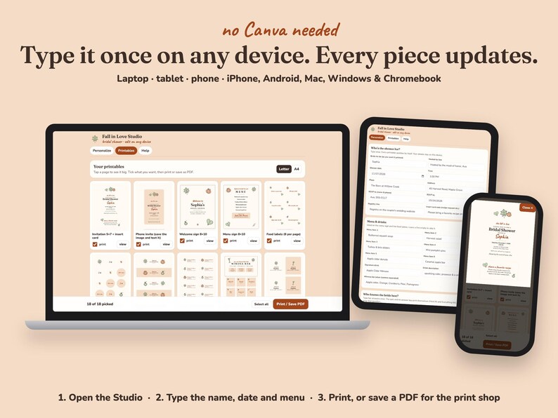 Editing the Fall In Love bridal shower printables on a laptop, tablet or phone