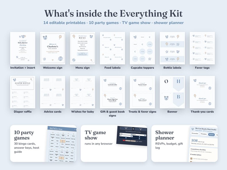 Everything included in the Teddy Bear baby shower Everything Kit