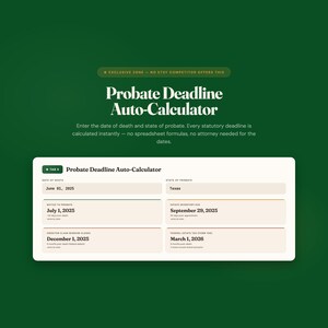 Peut inclure: Une interface num&eacute;rique de calcul automatique des d&eacute;lais d'homologation sur fond vert fonc&eacute;. L'outil comprend des champs pour la date de d&eacute;c&egrave;s et l'&Eacute;tat, affichant les d&eacute;lais calcul&eacute;s pour l'avis d'homologation, l'inventaire et les taxes.
