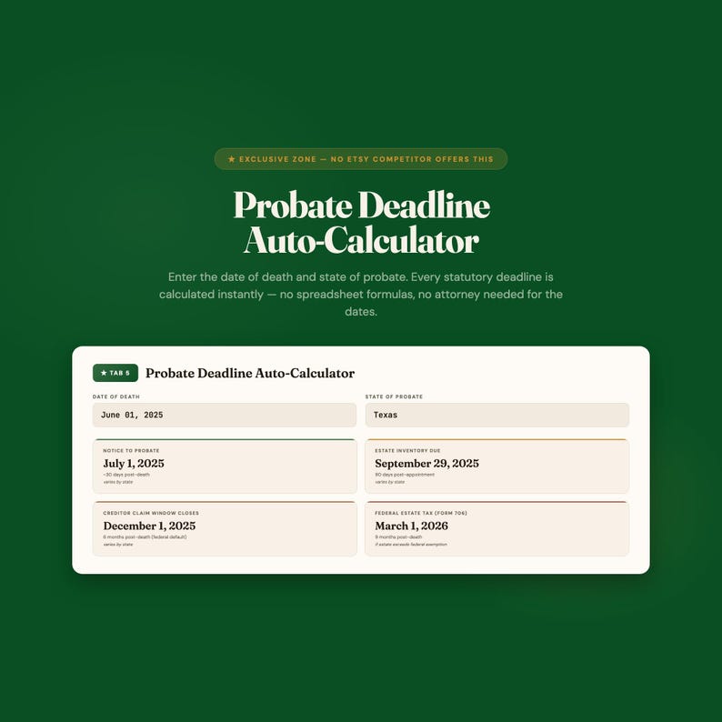 Peut inclure: Une interface num&eacute;rique de calcul automatique des d&eacute;lais d'homologation sur fond vert fonc&eacute;. L'outil comprend des champs pour la date de d&eacute;c&egrave;s et l'&Eacute;tat, affichant les d&eacute;lais calcul&eacute;s pour l'avis d'homologation, l'inventaire et les taxes.