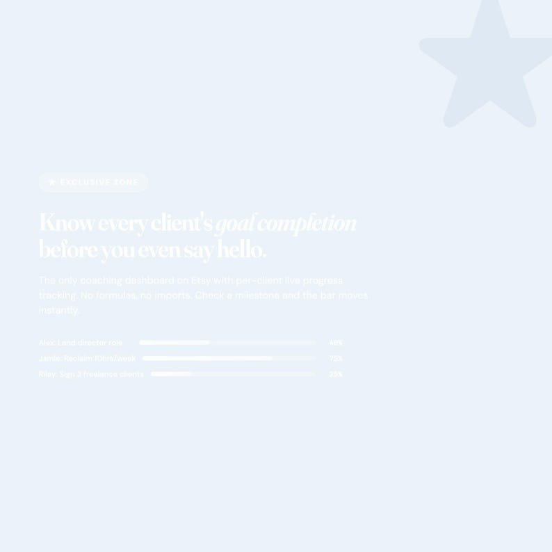 Pu&ograve; includere: Un'interfaccia dashboard digitale azzurra con una grande icona a forma di stella nell'angolo in alto a destra. Il testo recita: EXCLUSIVE ZONE, Know every client's goal completion before you even say hello, e include barre di avanzamento.