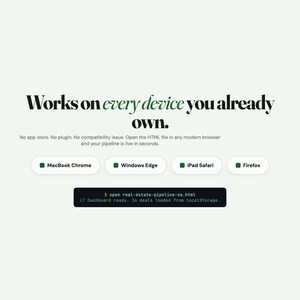 May include: A digital interface graphic with the text Works on every device you already own. No app store. No plugin. No compatibility issue. Open the HTML file in any modern browser and your pipeline is live in seconds. Includes browser icons.