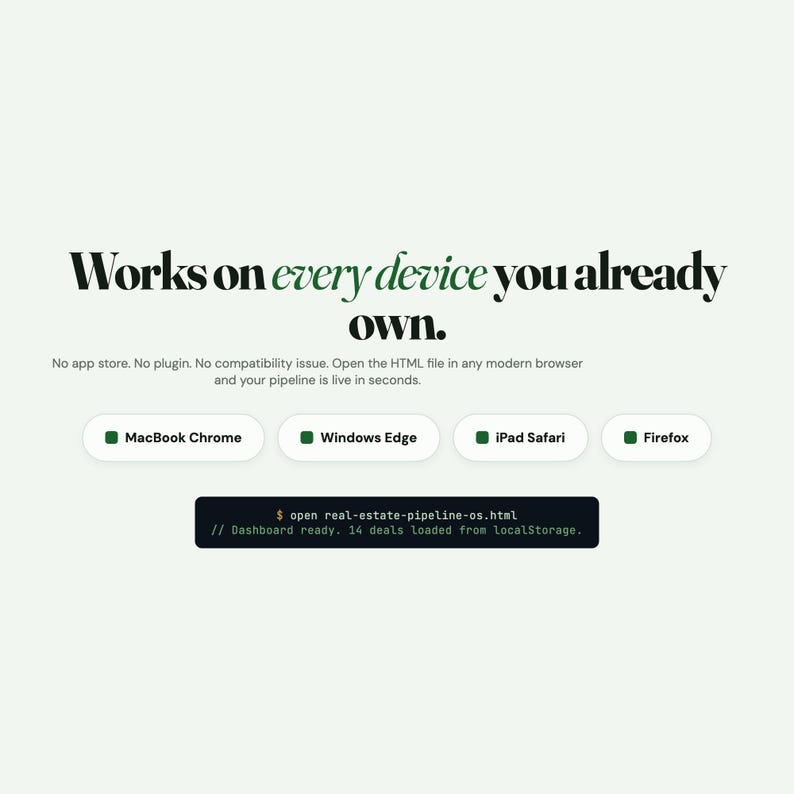 May include: A digital interface graphic with the text Works on every device you already own. No app store. No plugin. No compatibility issue. Open the HTML file in any modern browser and your pipeline is live in seconds. Includes browser icons.