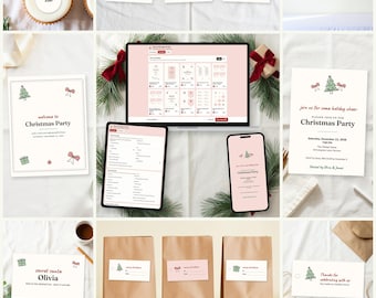 May include: A digital Christmas party stationery bundle featuring editable templates for invitations, food labels, gift tags, and banners. The set includes festive graphics of Christmas trees, bows, and presents in red, green, and pink on white paper.