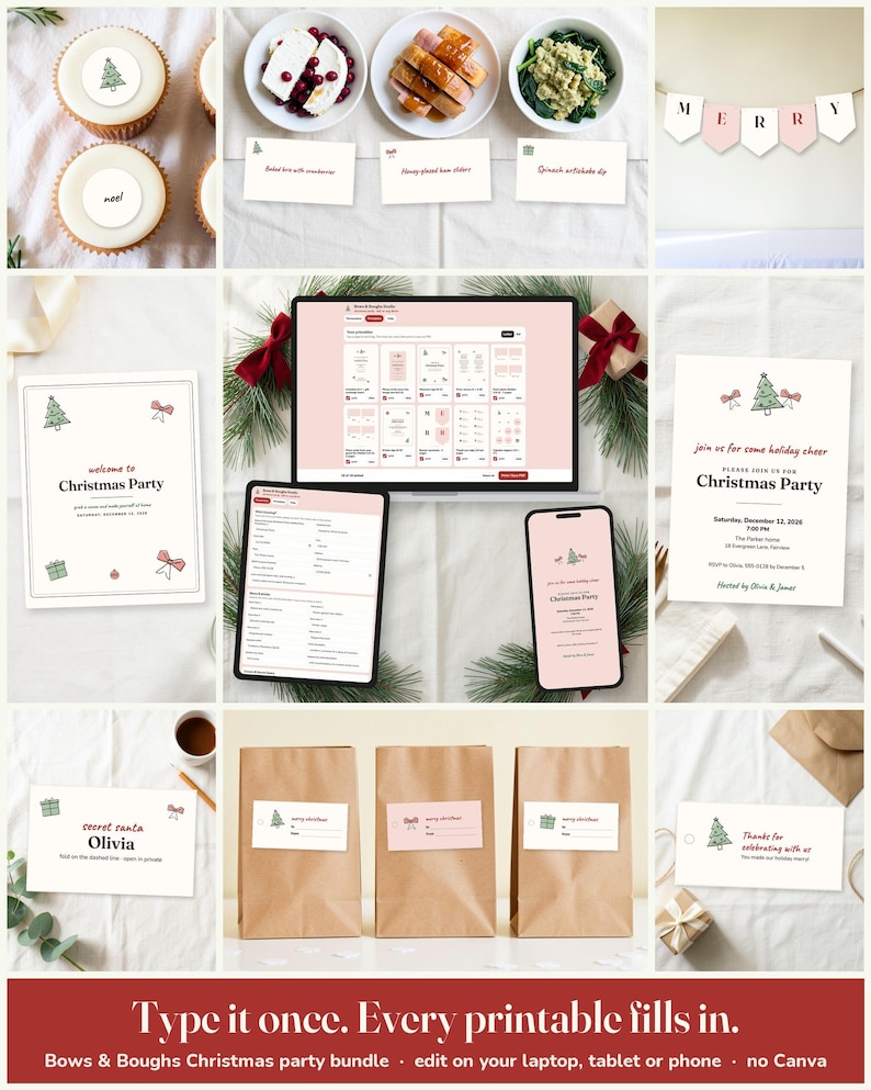 Bows And Boughs Christmas Party Host Kit: edit on a laptop, tablet or phone, every printable fills in