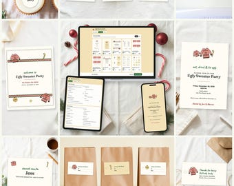 May include: A digital party planning bundle featuring printable templates for an Ugly Sweater Party. Includes cupcake toppers, food labels, a banner, invitations, gift tags, and instruction cards, all displayed on a laptop, tablet, and smartphone screen.