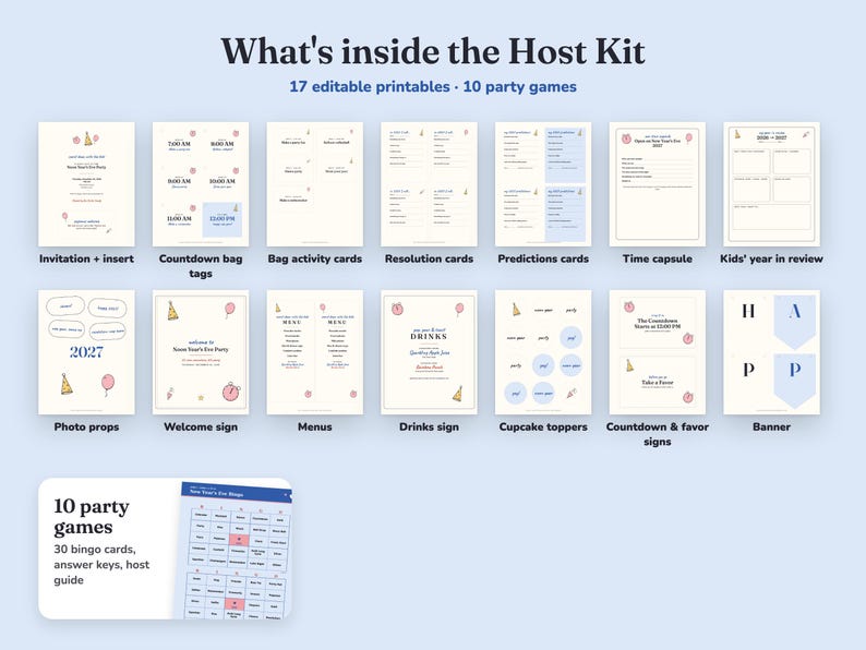 Everything included in the Noon Year Party new year s eve party Host Kit
