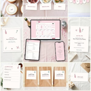 May include: A digital New Year's Eve party printable bundle featuring editable templates for invitations, food labels, party bags, and resolution cards. The set includes a laptop, tablet, and phone displaying the customizable pink and white designs.