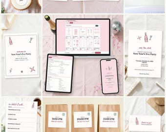 May include: A digital New Year's Eve party printable bundle featuring editable templates for invitations, food labels, party bags, and resolution cards. The set includes a laptop, tablet, and phone displaying the customizable pink and white designs.