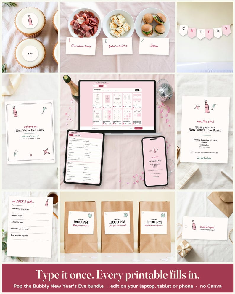 Pop The Bubbly New Year's Eve Party Printable Suite: edit on a laptop, tablet or phone, every printable fills in