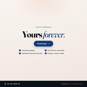 May include: A digital product advertisement with the text "Yours forever." A blue button reads "Download." Additional text includes "Free lifetime updates," "JSON export," and "One HTML file."