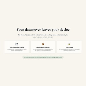 May include: A digital interface display with the heading Your data never leaves your device. It features three white rectangular boxes with icons for a floppy disk, a cardboard box, and a padlock, detailing auto-save, export, and privacy features.