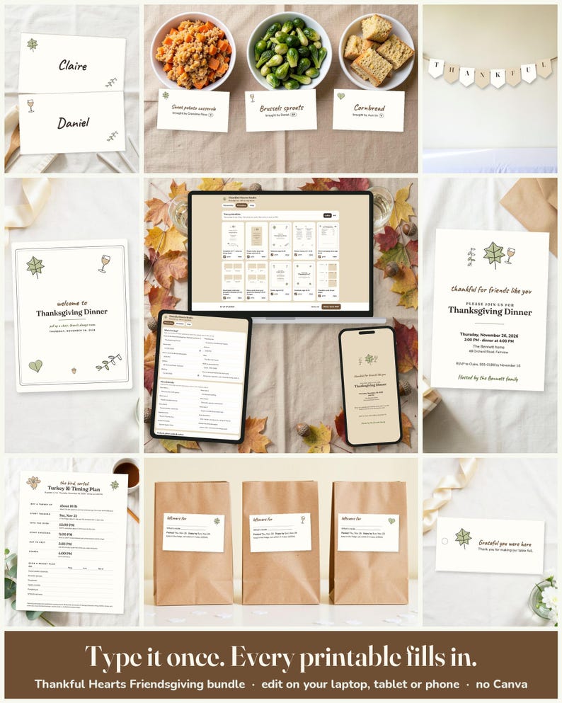 Thankful Hearts Friendsgiving Everything Kit: edit on a laptop, tablet or phone, every printable fills in