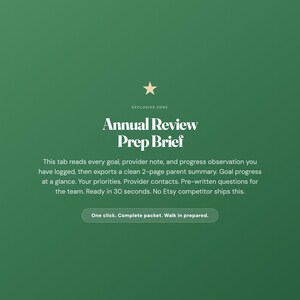 May include: A dark green digital interface graphic featuring a gold star icon above the text Exclusive Zone, Annual Review Prep Brief, and a descriptive paragraph about a 2-page parent summary export tool, ending with a button labeled One click. Complete packet. Walk in prepared.