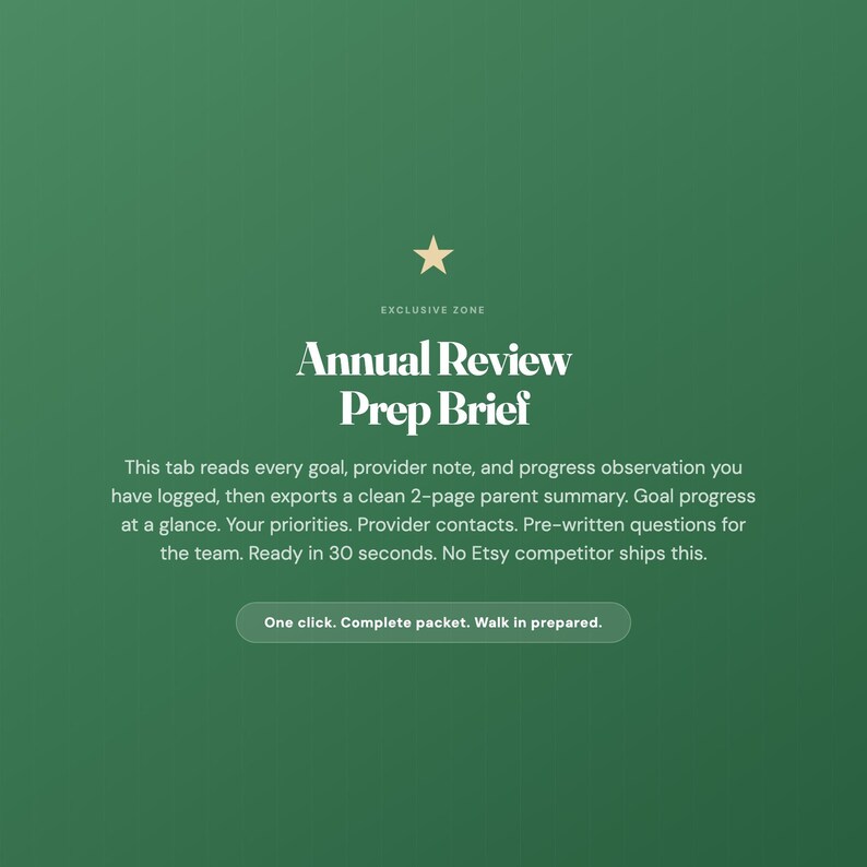 May include: A dark green digital interface graphic featuring a gold star icon above the text Exclusive Zone, Annual Review Prep Brief, and a descriptive paragraph about a 2-page parent summary export tool, ending with a button labeled One click. Complete packet. Walk in prepared.
