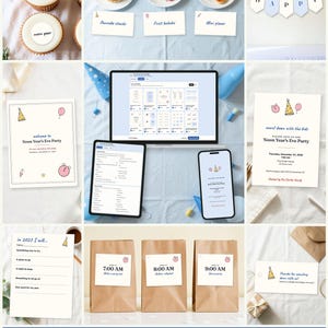 May include: A digital Noon Year's Eve party printable bundle featuring party invitations, food labels, activity sheets, and countdown bags. The set includes editable templates for a laptop, tablet, and phone, showcasing party graphics like hats and clocks.
