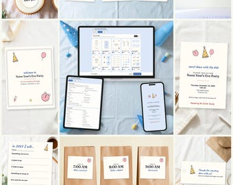 May include: A digital Noon Year's Eve party printable bundle featuring party invitations, food labels, activity sheets, and countdown bags. The set includes editable templates for a laptop, tablet, and phone, showcasing party graphics like hats and clocks.