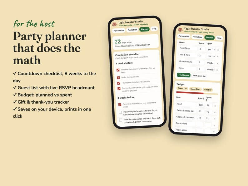 Ugly Sweater christmas party planner with checklist, RSVPs, budget and gift log
