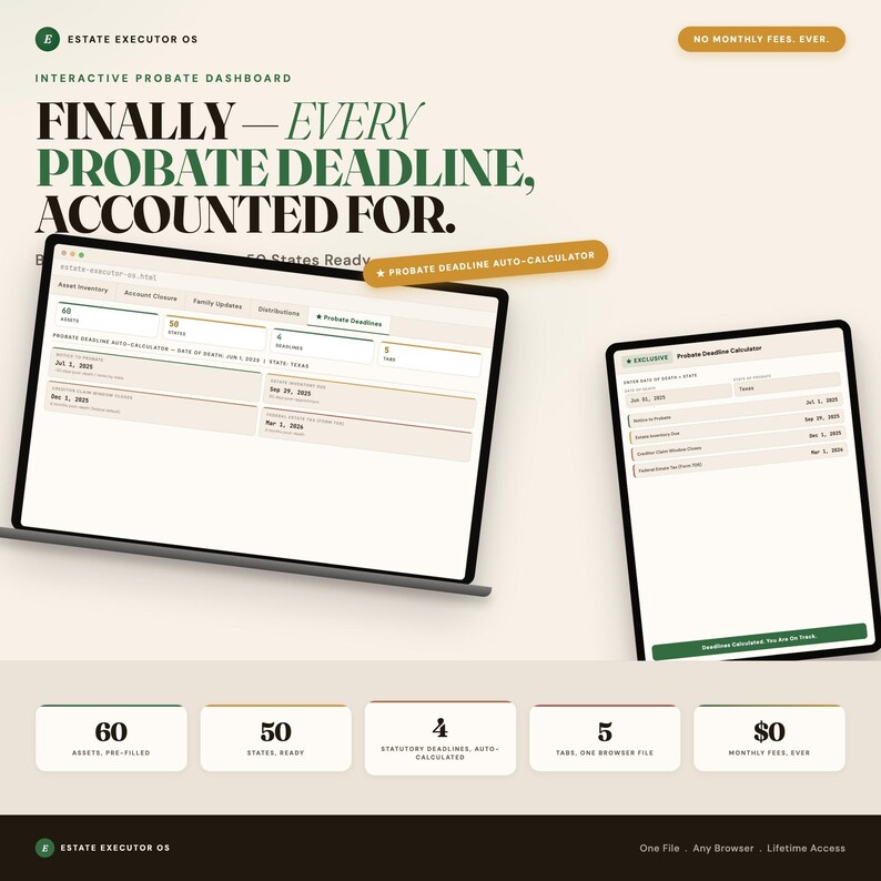 Peut inclure: Un tableau de bord interactif Estate Executor OS affich&eacute; sur un ordinateur portable et une tablette. L'interface comprend un calculateur automatique de d&eacute;lais de succession, un inventaire des actifs et des onglets de cl&ocirc;ture de compte. Le texte indique Finally&mdash;Every Probate Deadline, Accounted For, 60 Assets, 50 States, 4 Statutory Deadlines, 5 Tabs et 0 $ de frais mensuels.