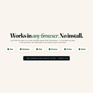 Inventory tracker HTML file opening on Mac, Windows, iPad and Chrome with no install required