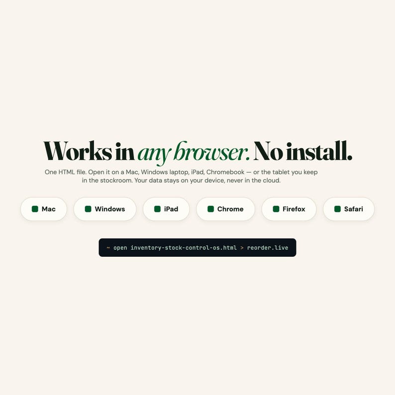 Inventory tracker HTML file opening on Mac, Windows, iPad and Chrome with no install required