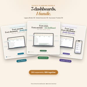May include: An estate planning bundle featuring three interactive digital dashboards: Legacy Binder OS, Estate Executor OS, and Successor Trustee OS. The display shows laptop and mobile interfaces with text headers, data tables, and progress bars.
