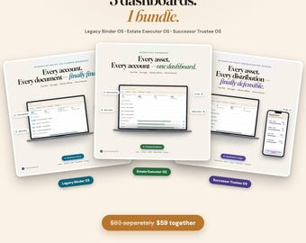 Puede incluir: Un paquete de planificación patrimonial que incluye tres paneles digitales interactivos: Legacy Binder OS, Estate Executor OS y Successor Trustee OS. La pantalla muestra interfaces de computadora portátil y móvil con encabezados de texto, tablas de datos y barras de progreso.