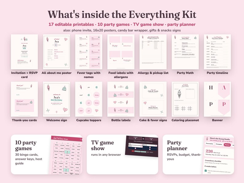 Everything included in the Heres The Scoop kids birthday party Everything Kit