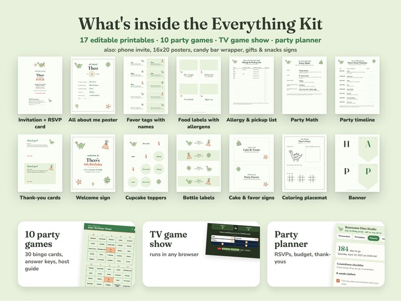 Everything included in the Roarsome Dino kids birthday party Everything Kit