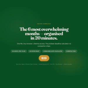 Peut inclure: Un graphique de produit num&eacute;rique sur fond vert fonc&eacute; avec le texte : The 6 most overwhelming months&mdash;organised in 20 minutes. One file. Any browser. Lifetime access. The probate deadline calculator no competitor ships. $29.