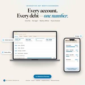 Peut inclure: Un tableau de bord interactif de valeur nette affich&eacute; sur un ordinateur portable et un smartphone. L'interface montre les soldes des comptes, les dettes et un suivi des jalons. Texte inclus : Every account. Every debt&mdash;one number.