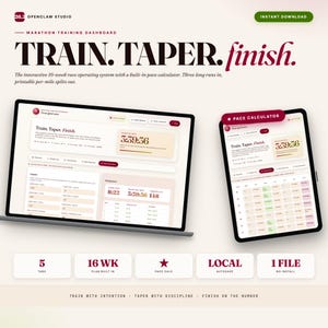K&ouml;nnte beinhalten: Digitales Marathon-Trainings-Dashboard, angezeigt auf einem Laptop und Tablet. Das Design zeigt den Text "TRAIN. TAPER. finish." und "PACE CALCULATOR." Das Dashboard enth&auml;lt ein 16-Wochen-Rennbetriebssystem mit integriertem Pace-Rechner.