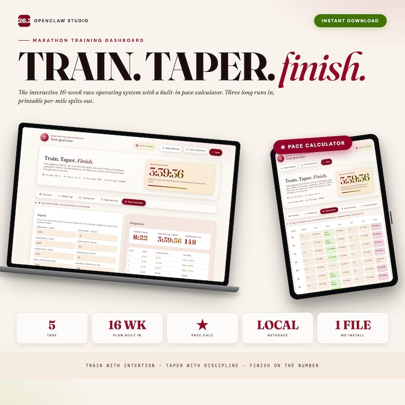 K&ouml;nnte beinhalten: Digitales Marathon-Trainings-Dashboard, angezeigt auf einem Laptop und Tablet. Das Design zeigt den Text "TRAIN. TAPER. finish." und "PACE CALCULATOR." Das Dashboard enth&auml;lt ein 16-Wochen-Rennbetriebssystem mit integriertem Pace-Rechner.