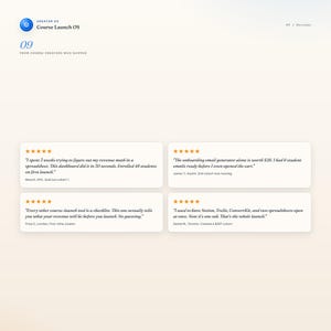 May include: A webpage layout featuring the "Course Launch OS" logo and customer testimonials. The testimonials are in white boxes with black text and star ratings. The page has a light beige background with a gradient.