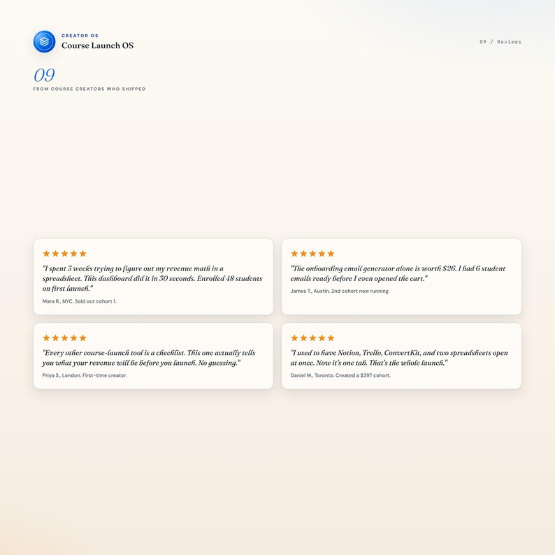 May include: A webpage layout featuring the "Course Launch OS" logo and customer testimonials. The testimonials are in white boxes with black text and star ratings. The page has a light beige background with a gradient.